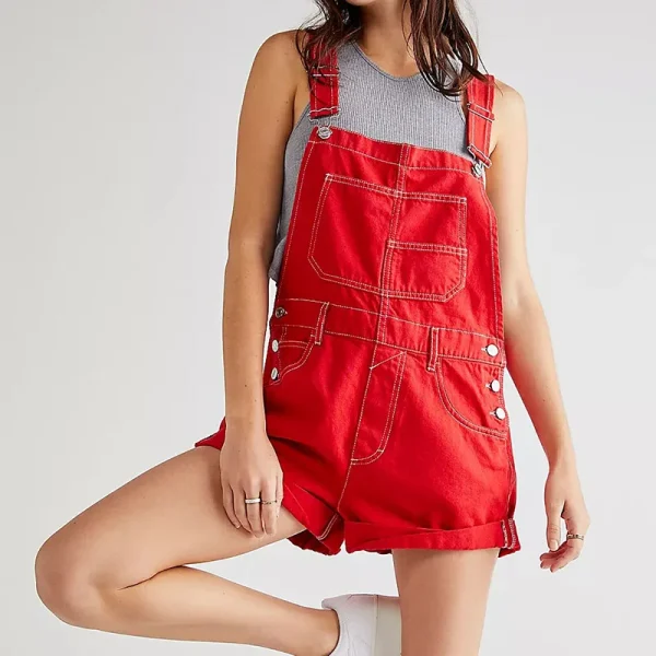 salopette short en jean rouge