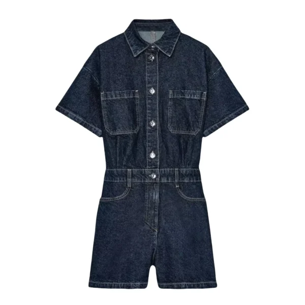 combinaison salopette short en jean bleu foncé