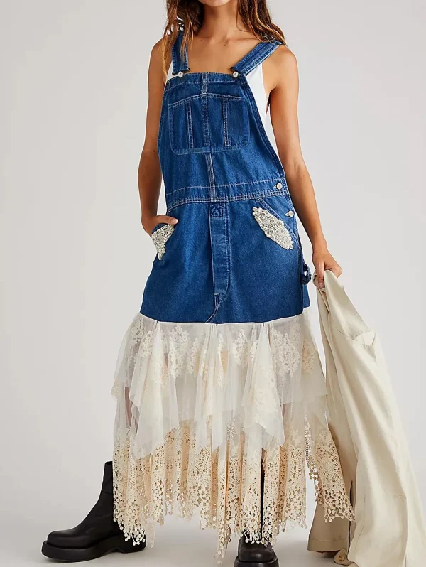 salopette jupe en jean bleu longue
