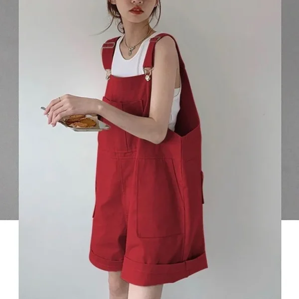 salopette short rouge large oversize en jean pour femme